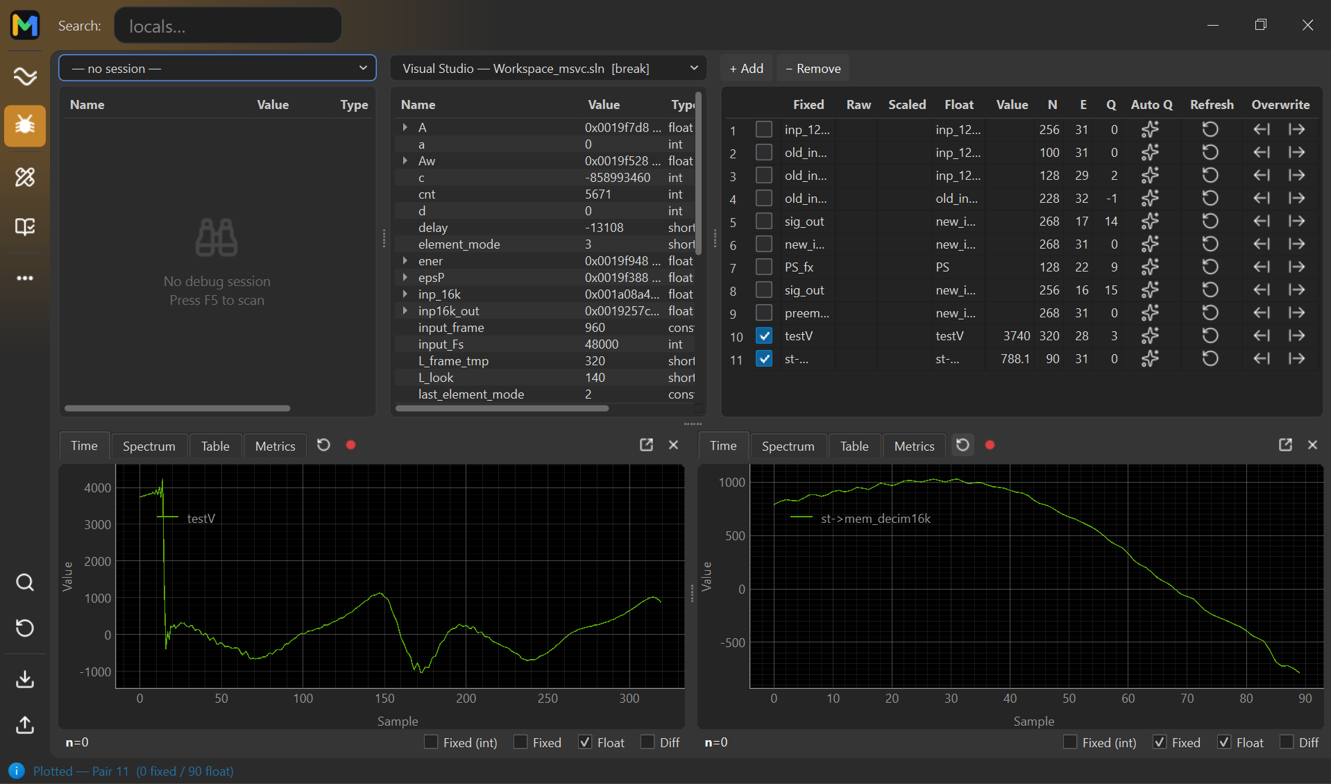Debugger main window: locals trees from two debug sessions, the Watch Pairs table, and embedded Time-domain plot views